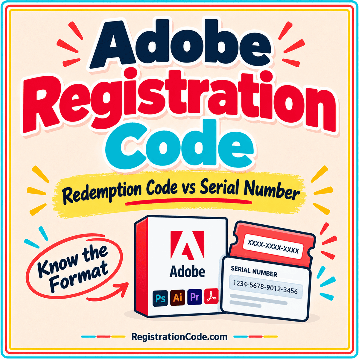 Typography card for Adobe Registration Code: Redemption Code vs Serial Number, with a three-color border and RegistrationCode.com watermark.