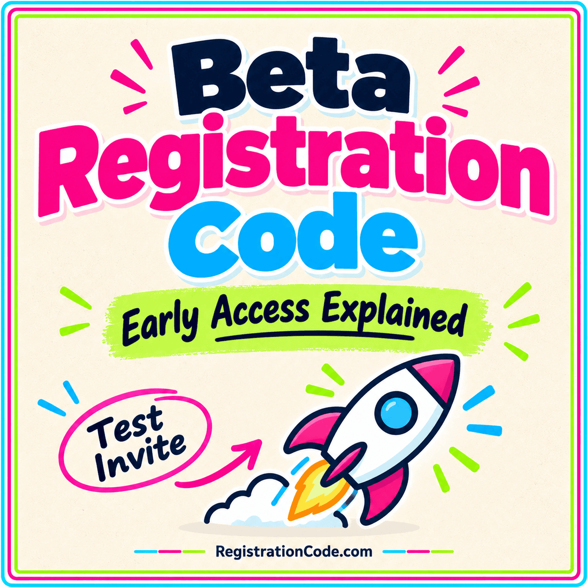 Typography card for Beta Registration Code: Early Access and Test Invites Explained, with a three-color border and RegistrationCode.com watermark.