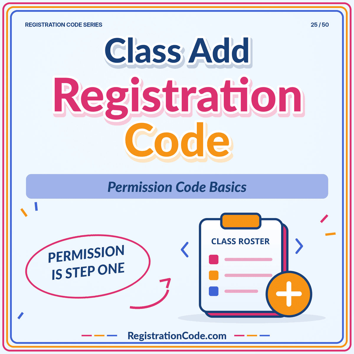 Typography card for Class Add Registration Code: Permission Code Basics, with a three-color border and RegistrationCode.com watermark.