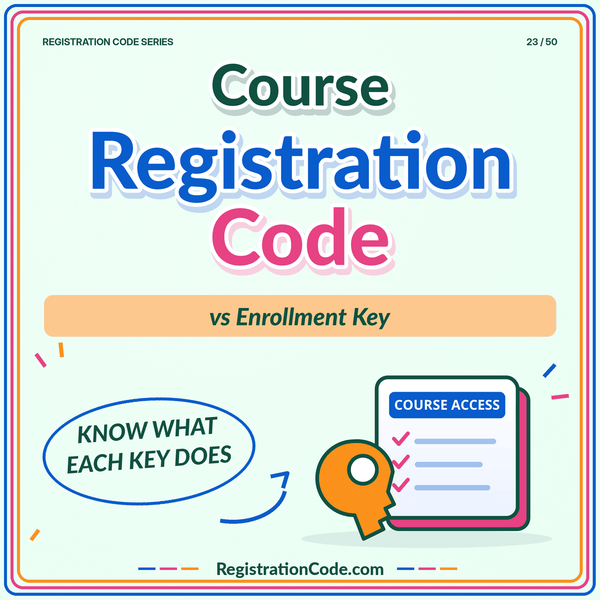 Typography card for Course Registration Code vs Enrollment Key: What Students Need to Know, with a three-color border and RegistrationCode.com watermark.