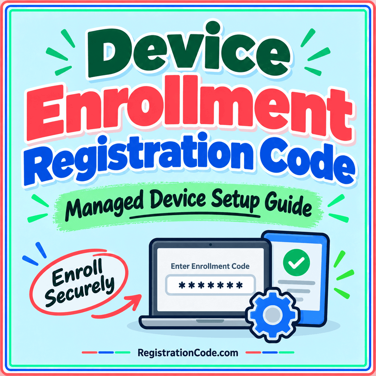 Typography card for Device Enrollment Registration Code: Managed Device Setup Guide, with a three-color border and RegistrationCode.com watermark.