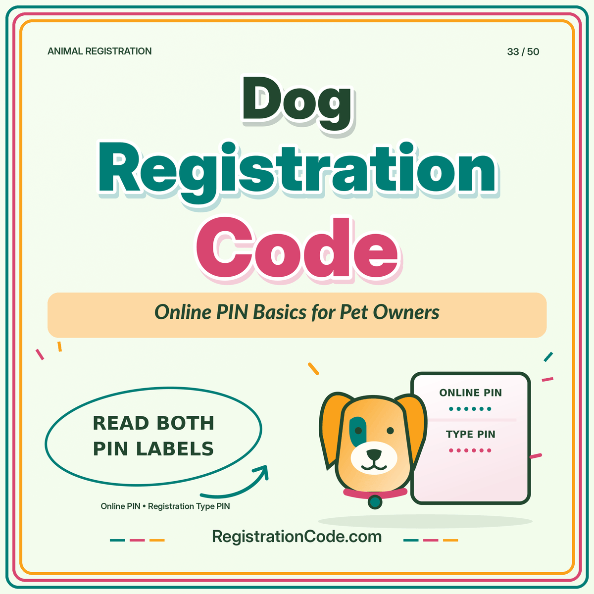 Typography card for Dog Registration Code: Online PIN Basics for Pet Owners, with a three-color border and RegistrationCode.com watermark.