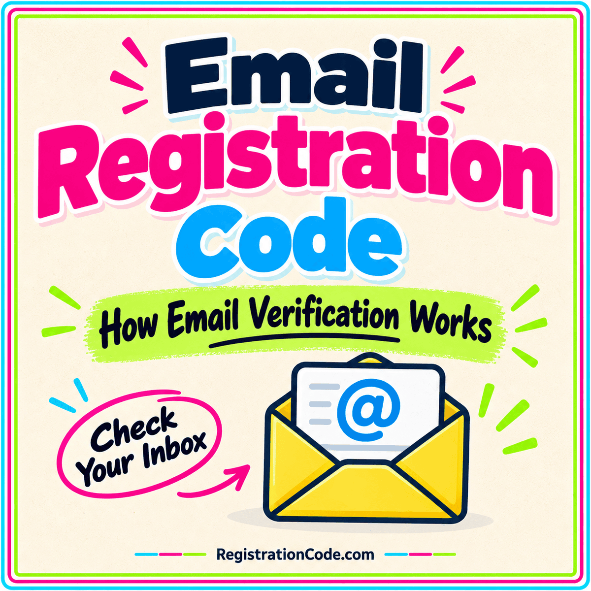 Typography card for Email Registration Code: How Email Verification Works, with a three-color border and RegistrationCode.com watermark.