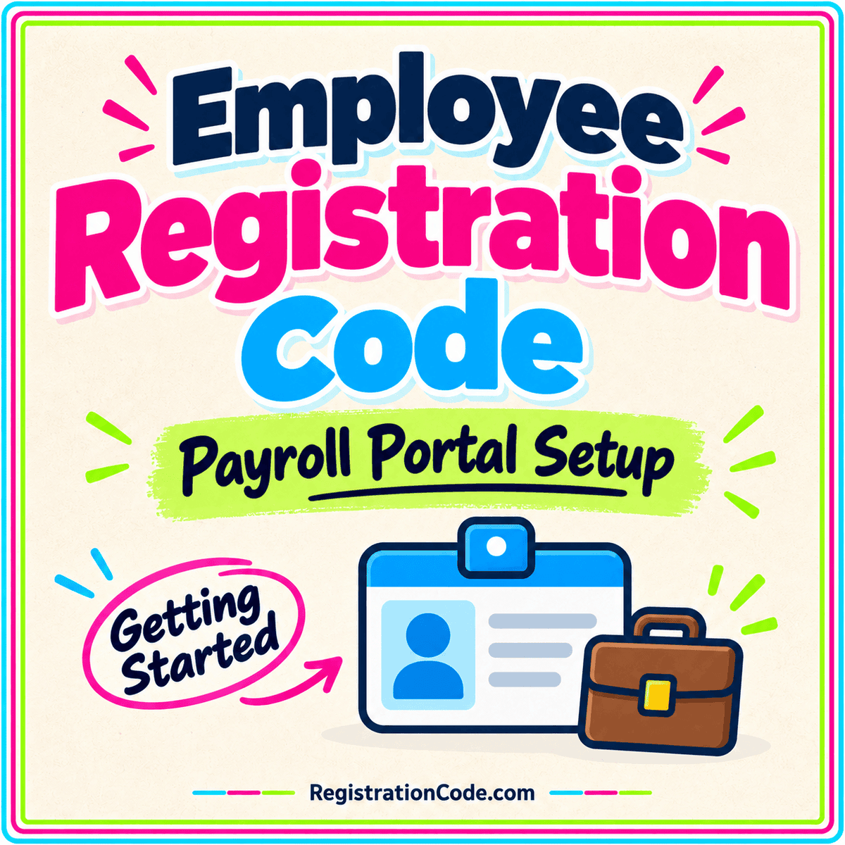 Typography card for Employee Registration Code: How Payroll Portal Setup Works, with a three-color border and RegistrationCode.com watermark.