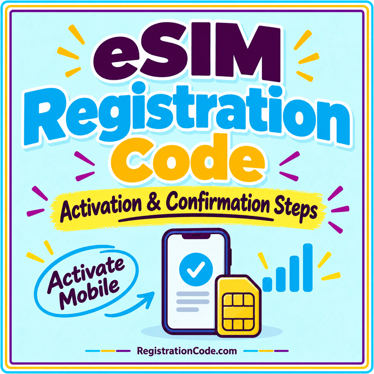 Typography card for eSIM Registration Code: Activation and Confirmation Steps, with a three-color border and RegistrationCode.com watermark.