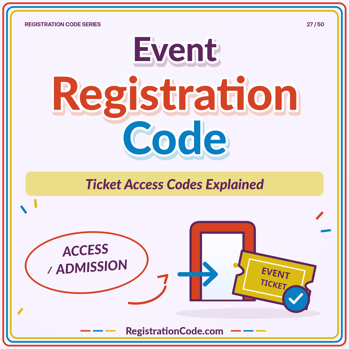 Typography card for Event Registration Code: How Ticket Access Codes Work, with a three-color border and RegistrationCode.com watermark.