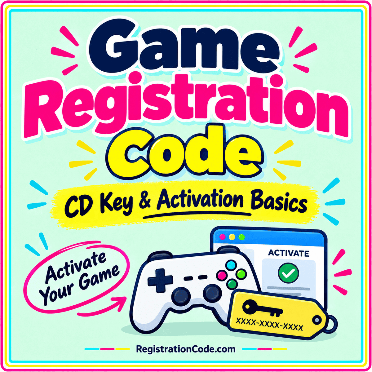 Typography card for Game Registration Code: CD Key and Activation Basics, with a three-color border and RegistrationCode.com watermark.