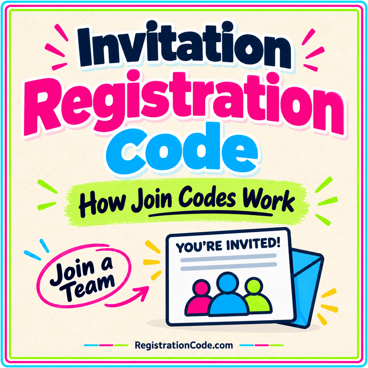 Typography card for Invitation Registration Code: How Join Codes Work, with a three-color border and RegistrationCode.com watermark.