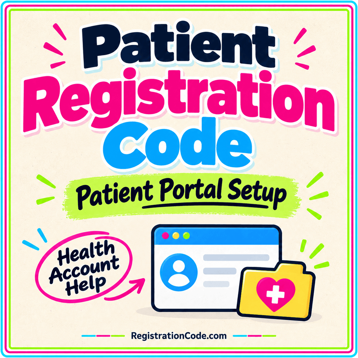 Typography card for Patient Registration Code: Patient Portal Setup Explained, with a three-color border and RegistrationCode.com watermark.