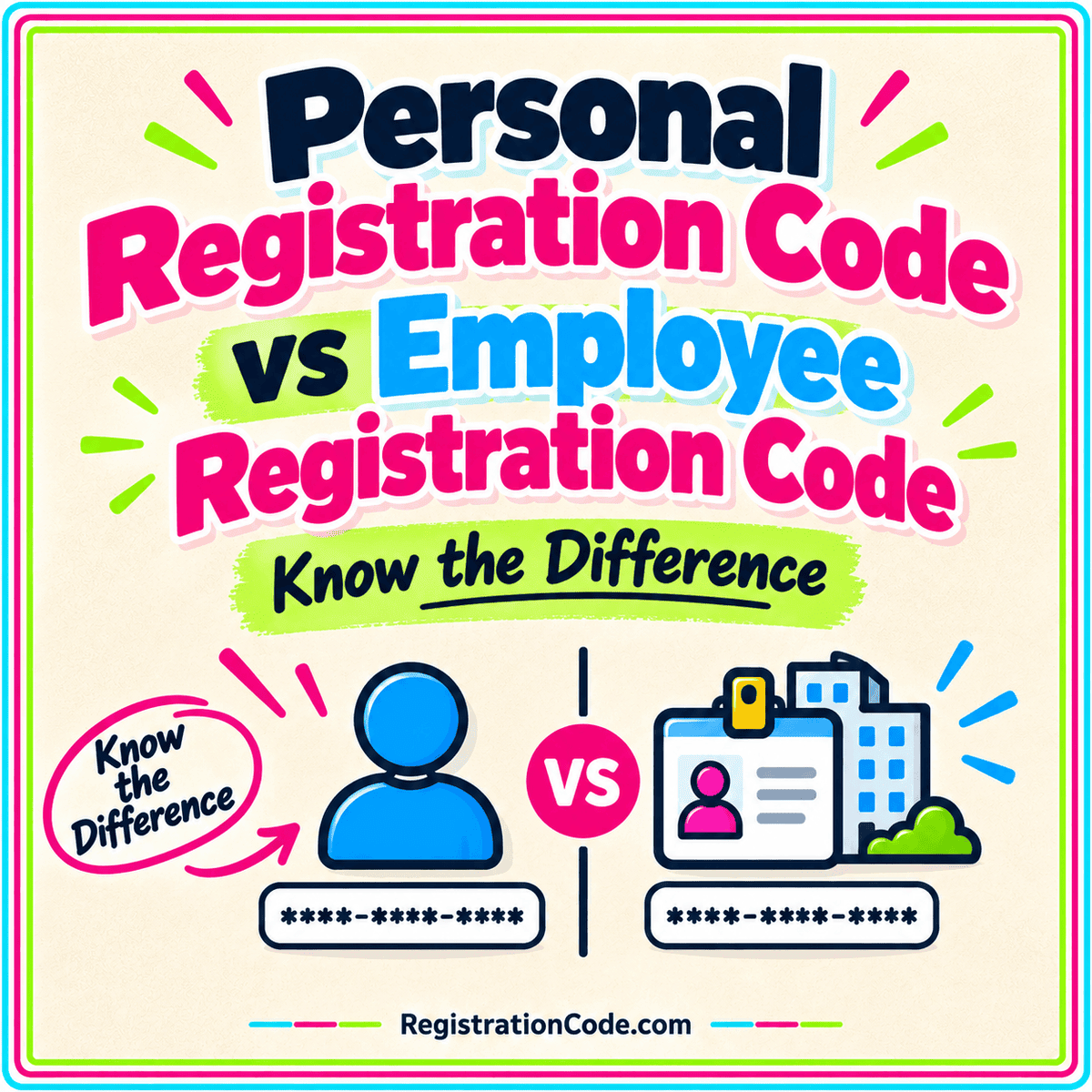 Typography card for Personal Registration Code vs Employee Registration Code, with a three-color border and RegistrationCode.com watermark.