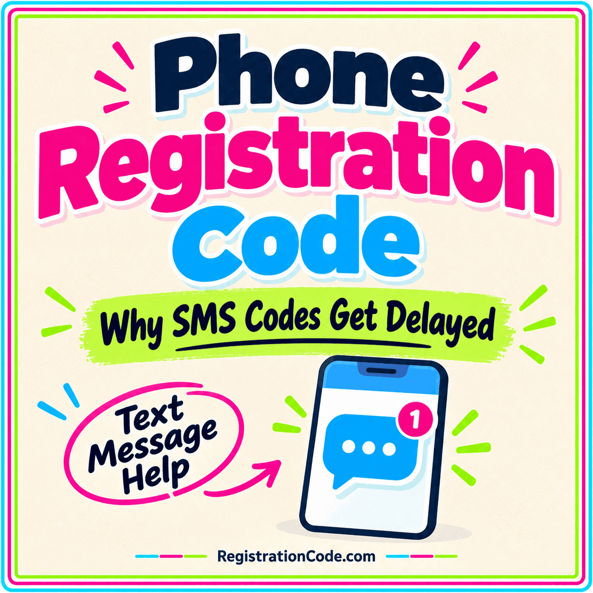 Typography card for Phone Registration Code: Why SMS Codes Get Delayed, with a three-color border and RegistrationCode.com watermark.
