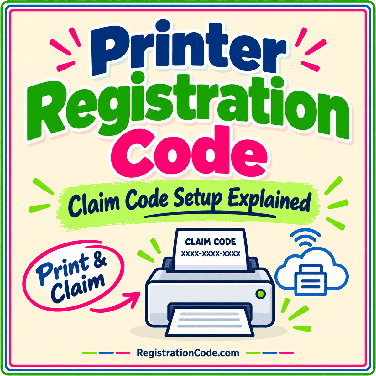 Typography card for Printer Registration Code: Claim Code Setup Explained, with a three-color border and RegistrationCode.com watermark.