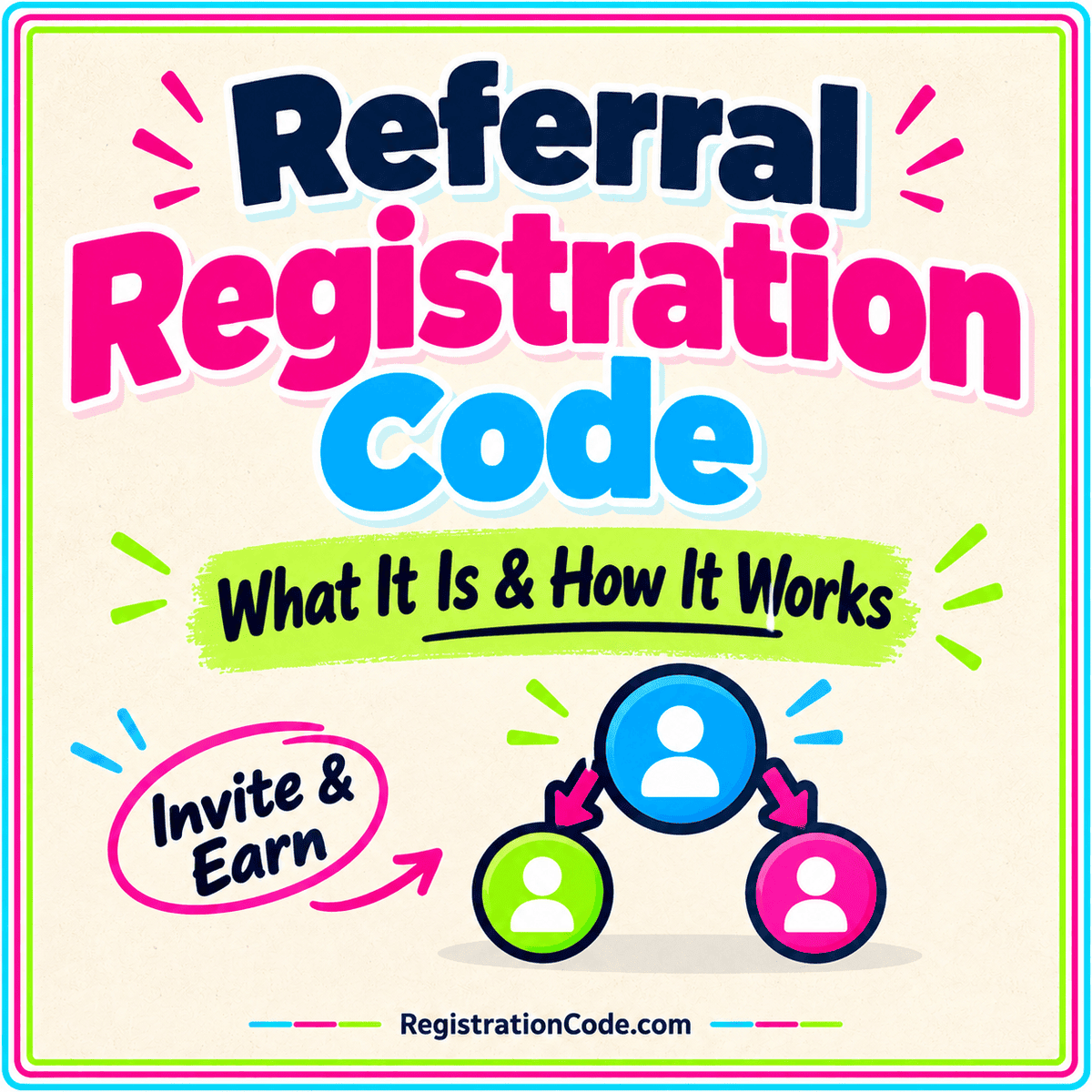 Typography card for Referral Registration Code: What It Is and How It Works, with a three-color border and RegistrationCode.com watermark.