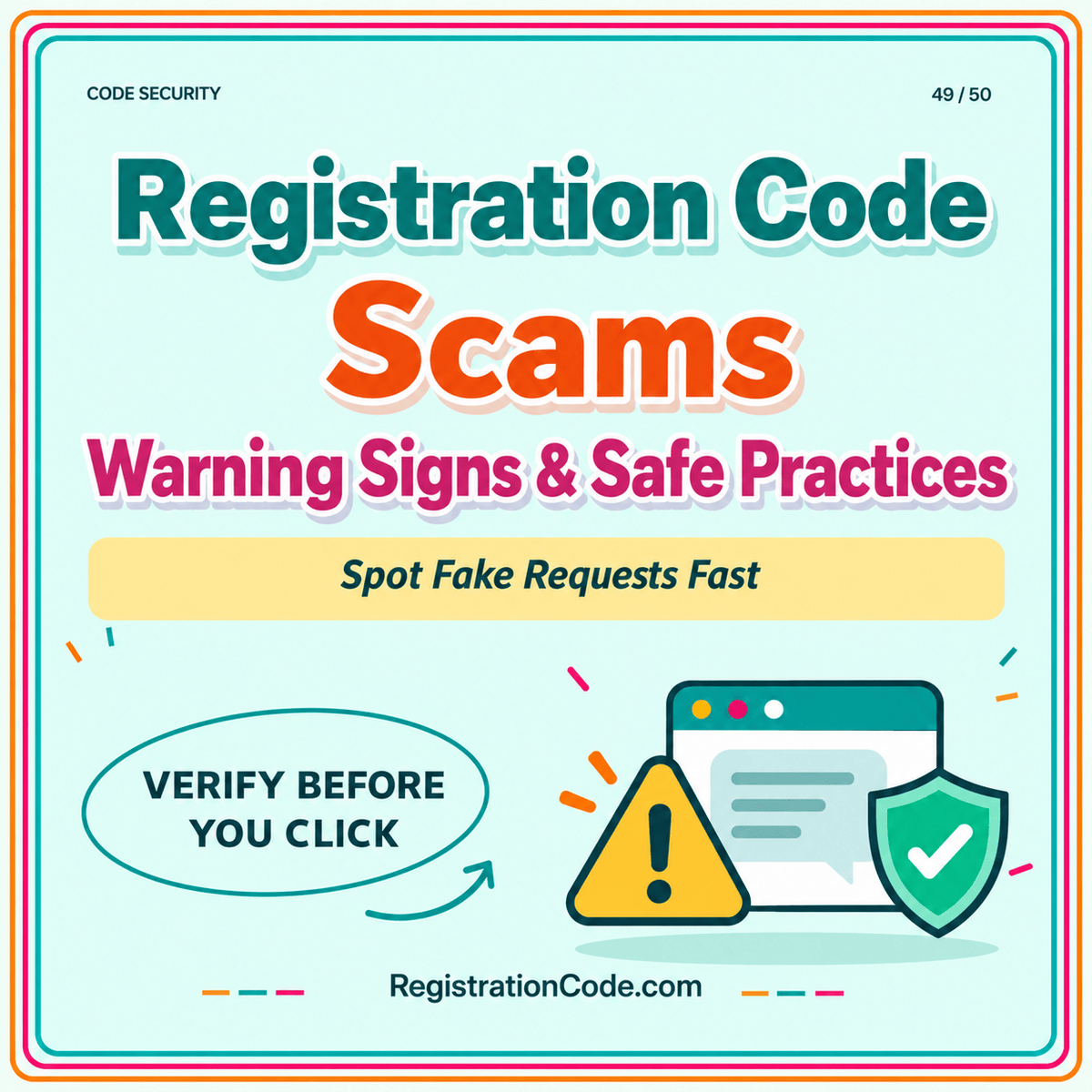 Typography card for Registration Code Scams: Warning Signs and Safe Practices, with a three-color border and RegistrationCode.com watermark.