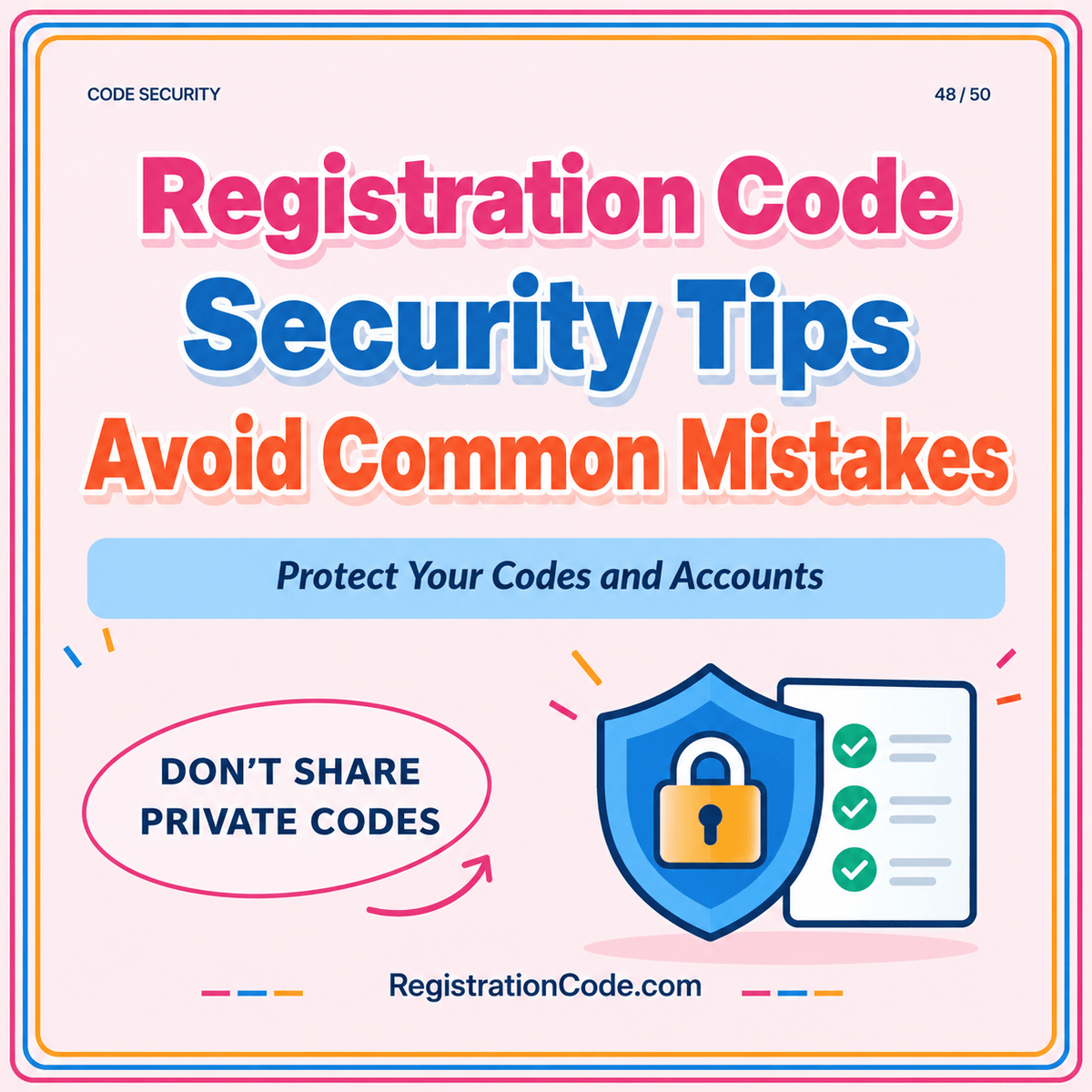 Typography card for Registration Code Security Tips: How to Avoid Common Mistakes, with a three-color border and RegistrationCode.com watermark.