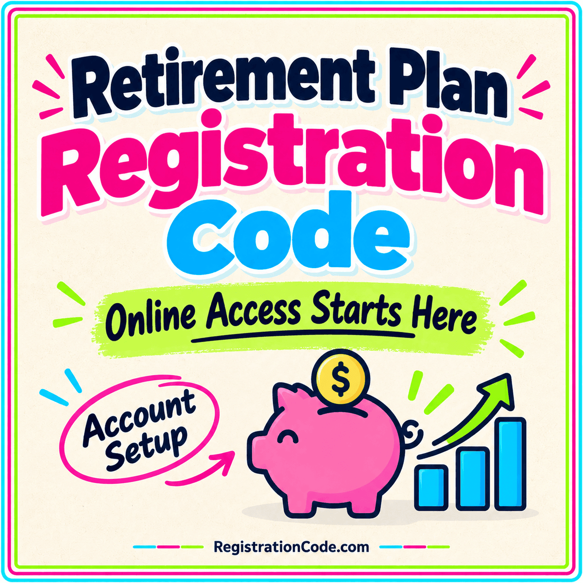 Typography card for Retirement Plan Registration Code: How Online Access Starts, with a three-color border and RegistrationCode.com watermark.