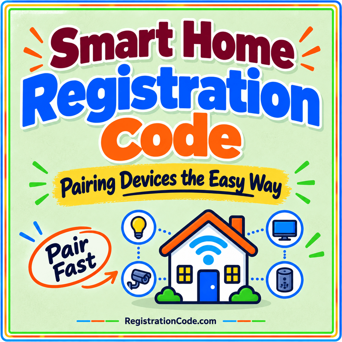 Typography card for Smart Home Registration Code: Pairing Devices the Easy Way, with a three-color border and RegistrationCode.com watermark.