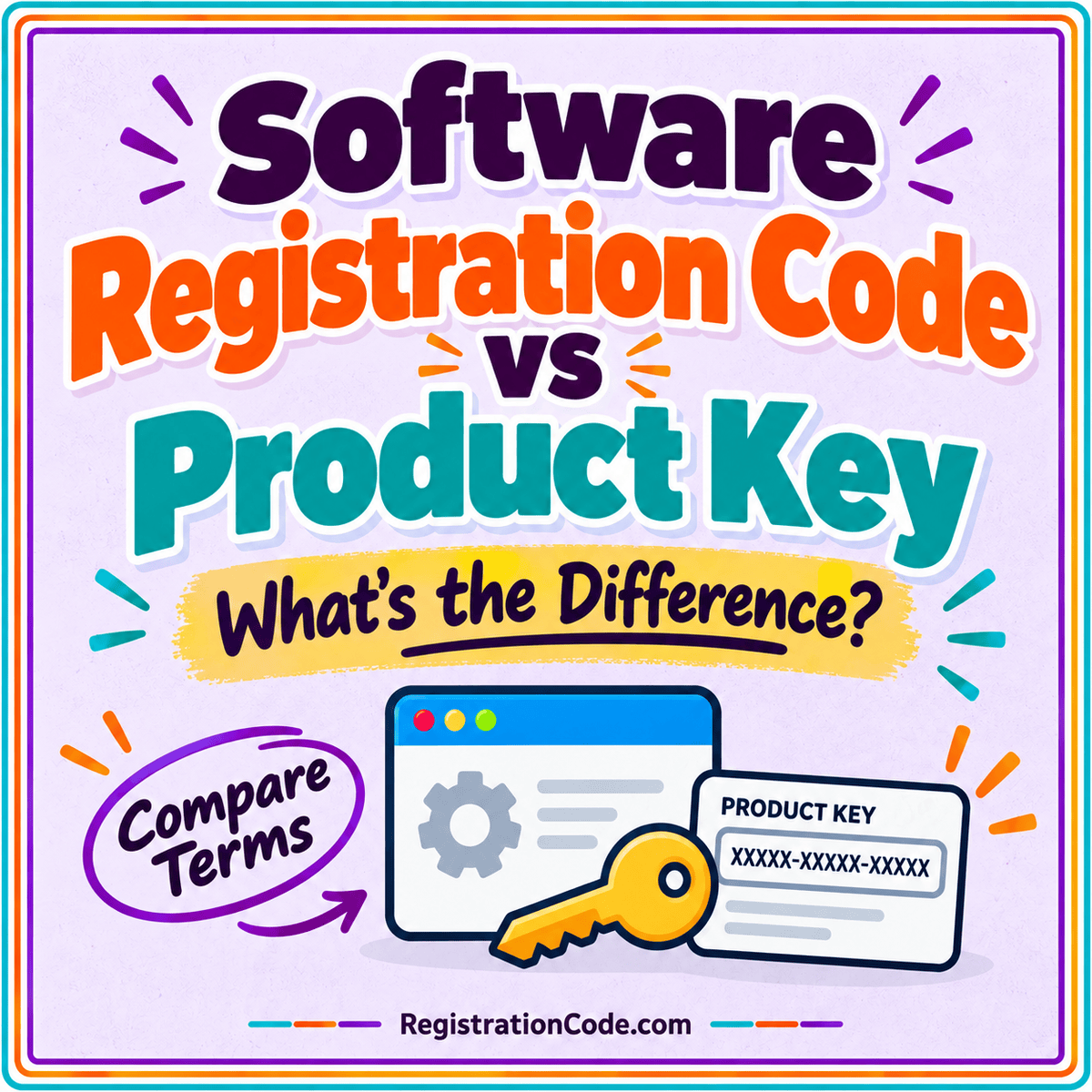 Typography card for Software Registration Code vs Product Key: What’s the Difference?, with a three-color border and RegistrationCode.com watermark.