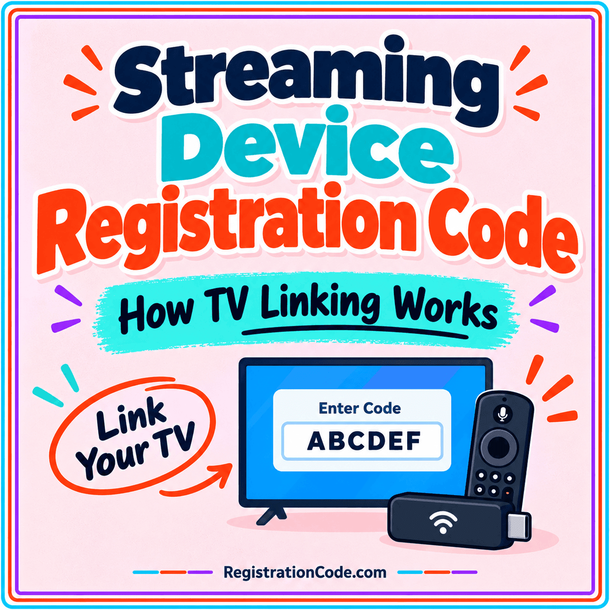 Typography card for Streaming Device Registration Code: How TV Linking Works, with a three-color border and RegistrationCode.com watermark.