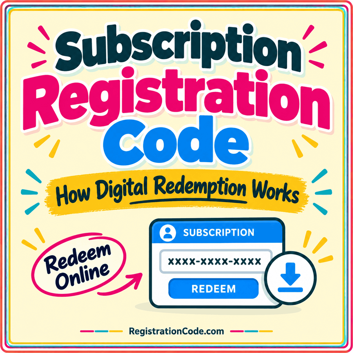 Typography card for Subscription Registration Code: How Digital Redemption Works, with a three-color border and RegistrationCode.com watermark.