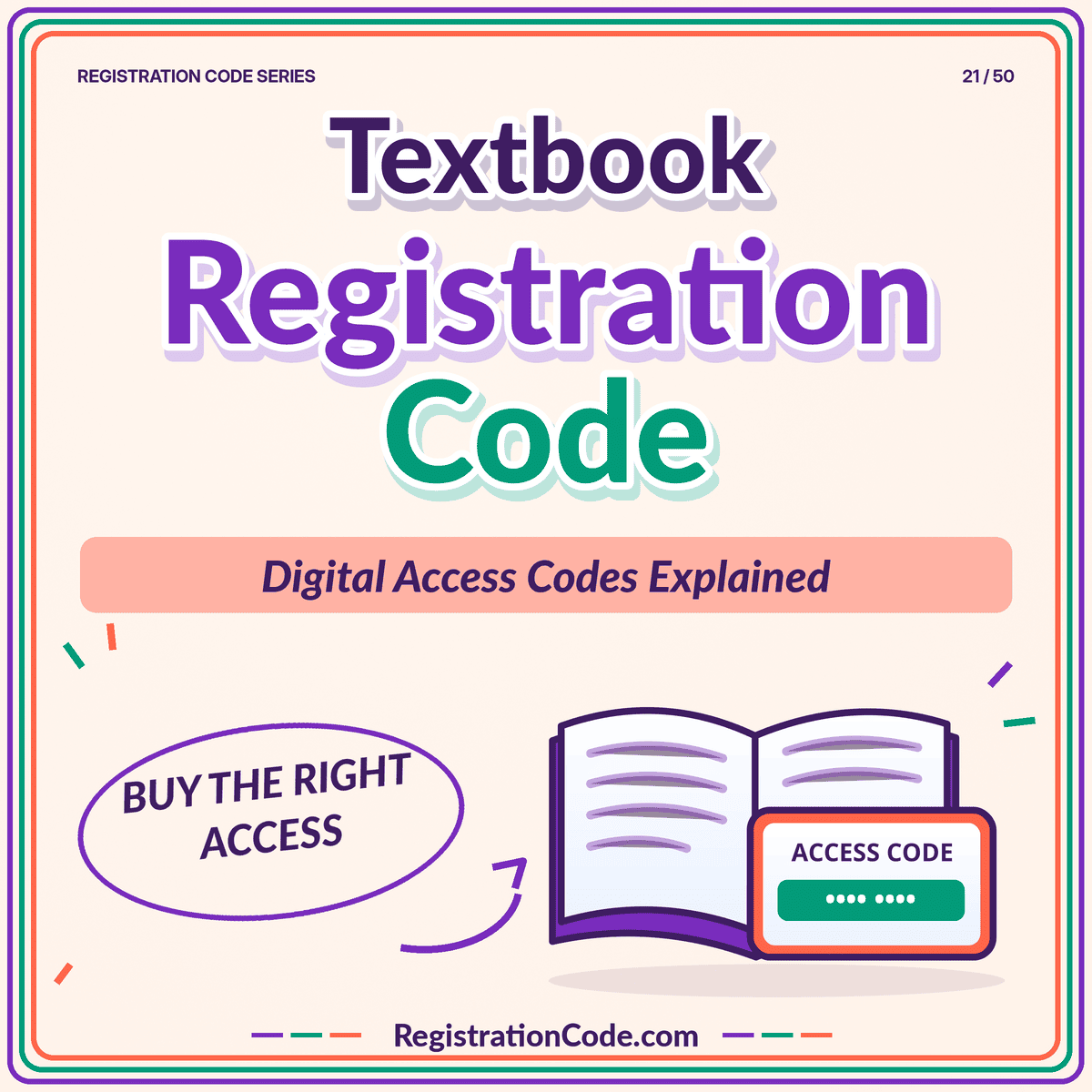Typography card for Textbook Registration Code: How Digital Access Codes Work, with a three-color border and RegistrationCode.com watermark.