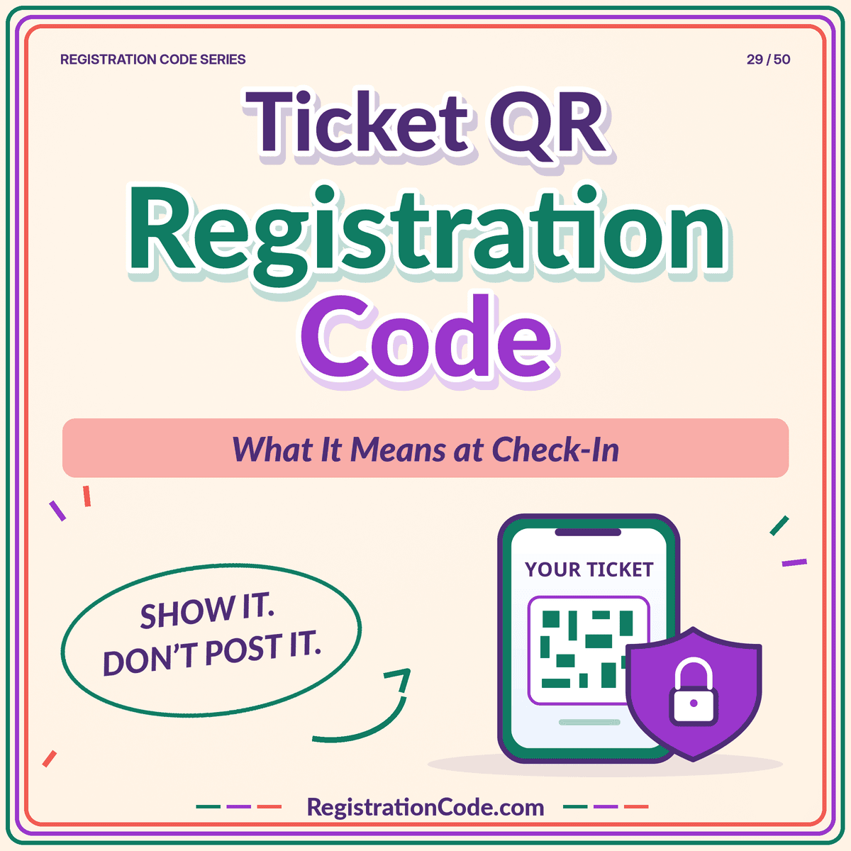 Typography card for Ticket QR Registration Code: What It Means at Check-In, with a three-color border and RegistrationCode.com watermark.