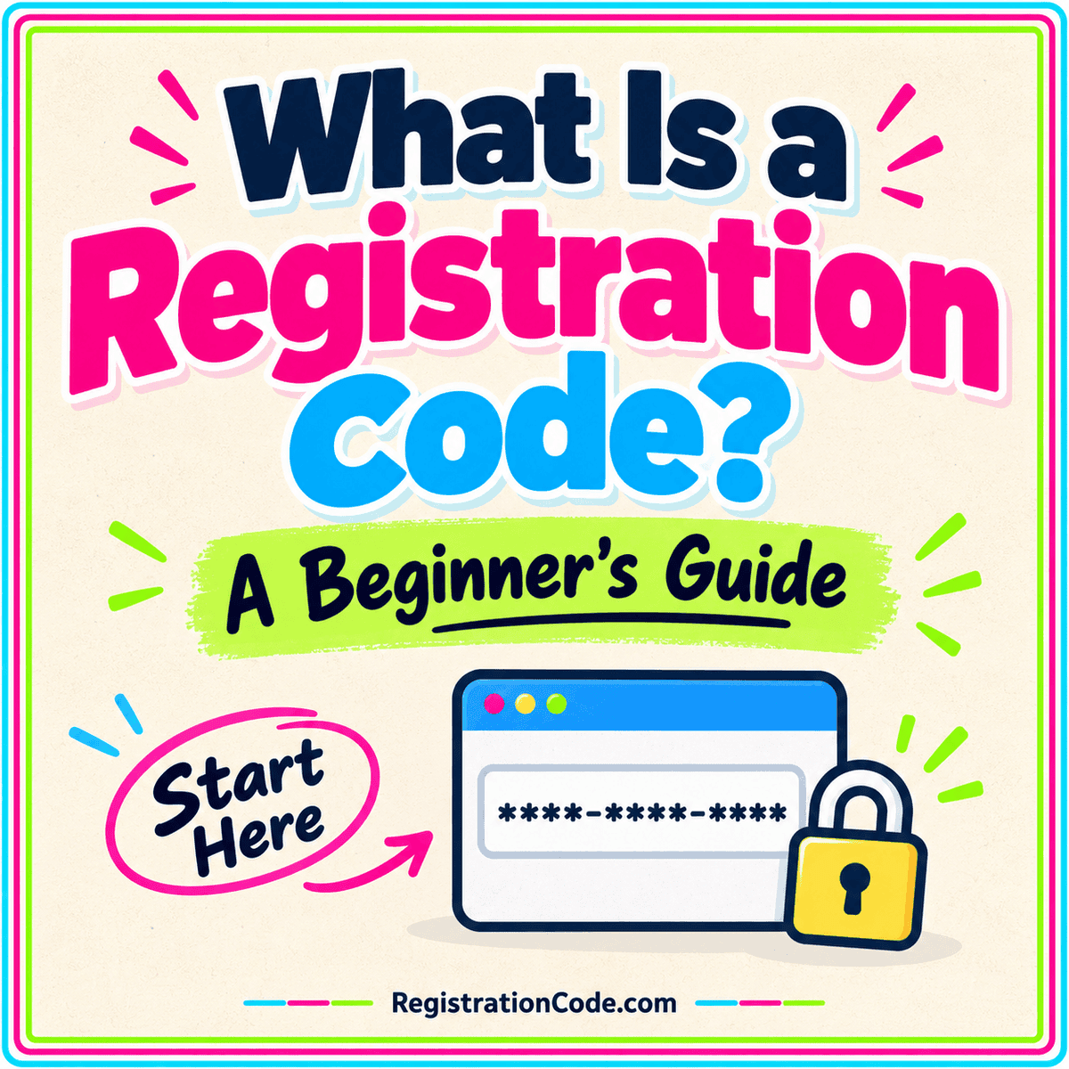 Typography card for What Is a Registration Code? A Beginner’s Guide, with a three-color border and RegistrationCode.com watermark.