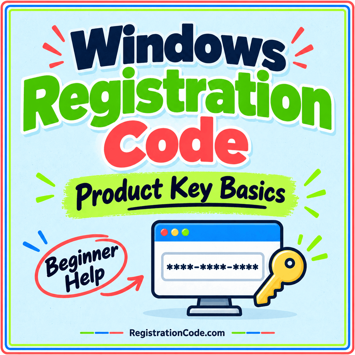 Typography card for Windows Registration Code: Product Key Basics for Beginners, with a three-color border and RegistrationCode.com watermark.